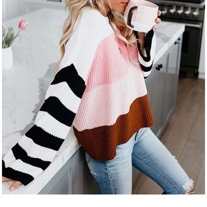 Women’s Oversized Color Block Pink Striped Sweater